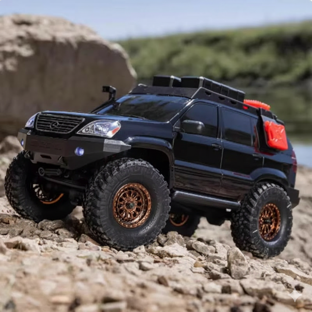 Black off-road toy vehicle on rocky terrain with a natural landscape in the background