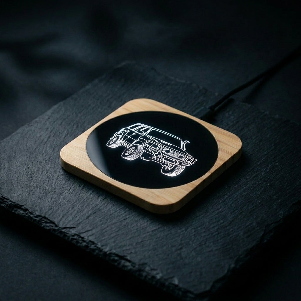 4WD LED Wireless Phone Charger Bamboo Fast Charge Pad LC79, FJ40 & Patrol Designs