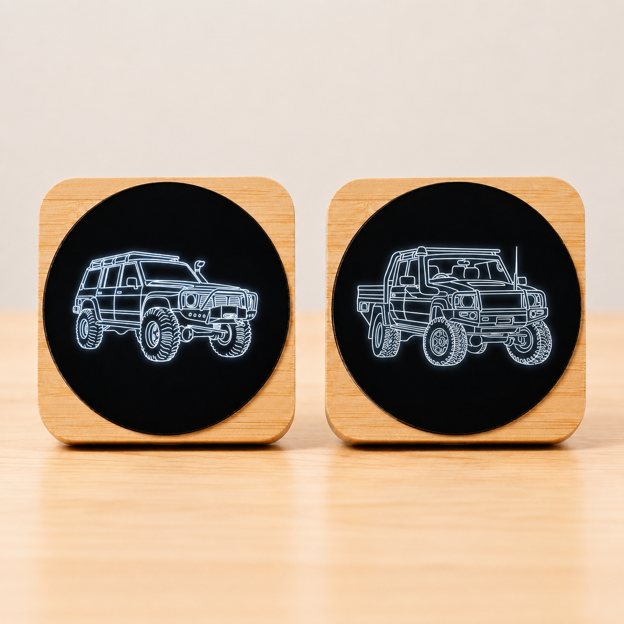 4WD LED Wireless Phone Charger Bamboo Fast Charge Pad LC79, FJ40 & Patrol Designs